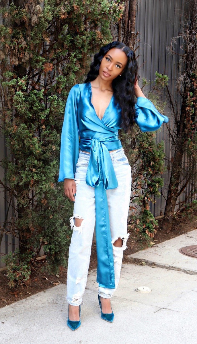 Blue satin 2025 wrap top