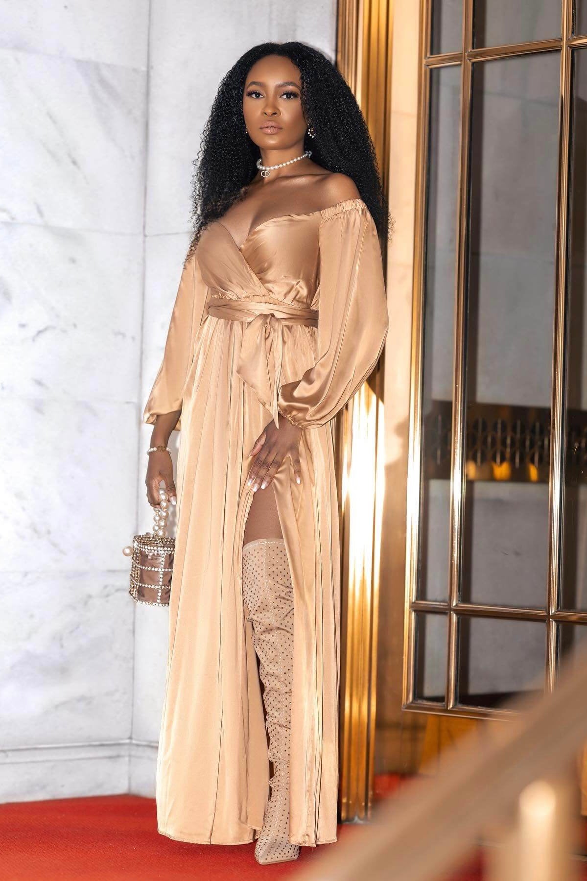 New Beige Gold Satin Off the Shoulder Double Split Tie Waist Dress VV COLLECTIONS New Beige Gold Satin Off the Shoulder Double Split Tie Waist Dress VV COLLECTIONS