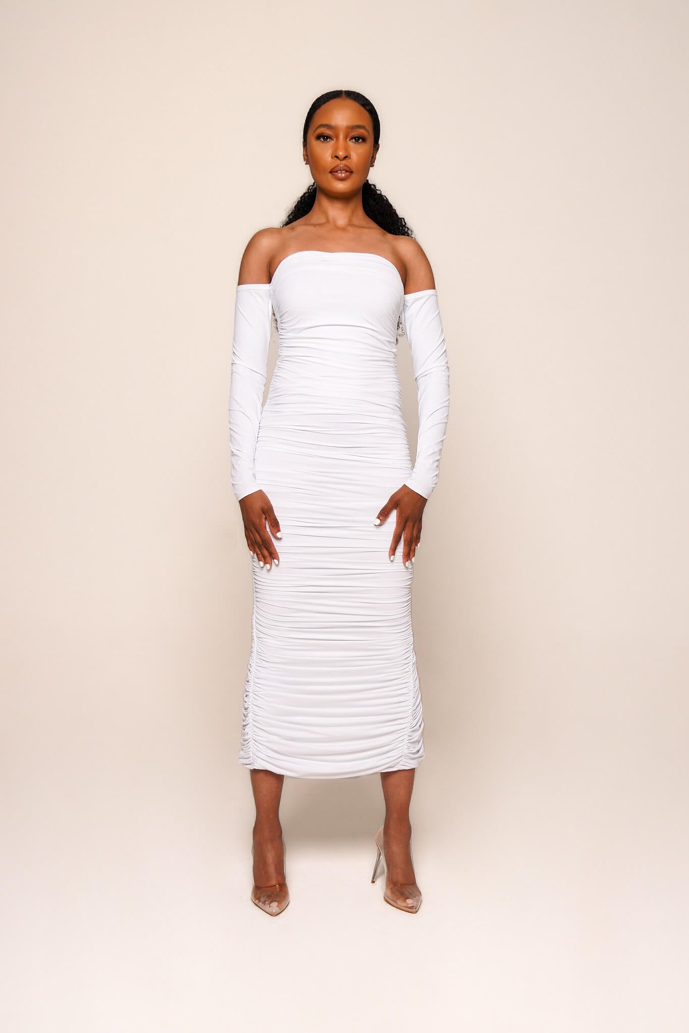 New White Cold Shoulder Ruched Dress VV COLLECTIONS New White Cold Shoulder Ruched Dress VV COLLECTIONS