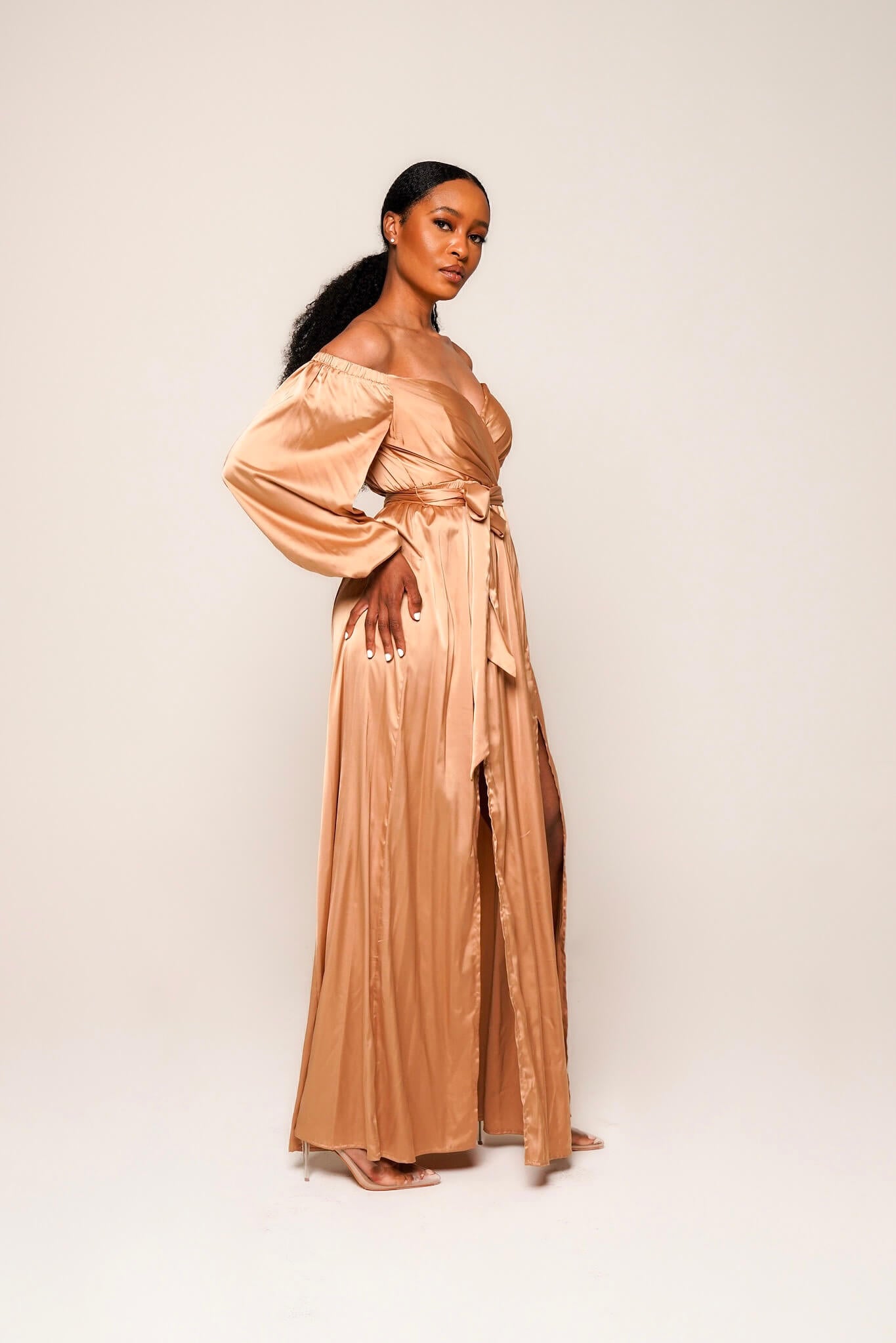 New Beige Gold Satin Off the Shoulder Double Split Tie Waist Dress