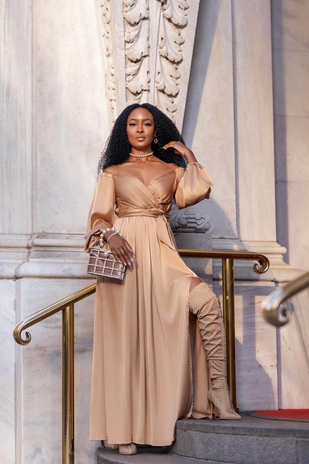 New Beige Gold Satin Off the Shoulder Double Split Tie Waist Dress VV COLLECTIONS New Beige Gold Satin Off the Shoulder Double Split Tie Waist Dress VV COLLECTIONS