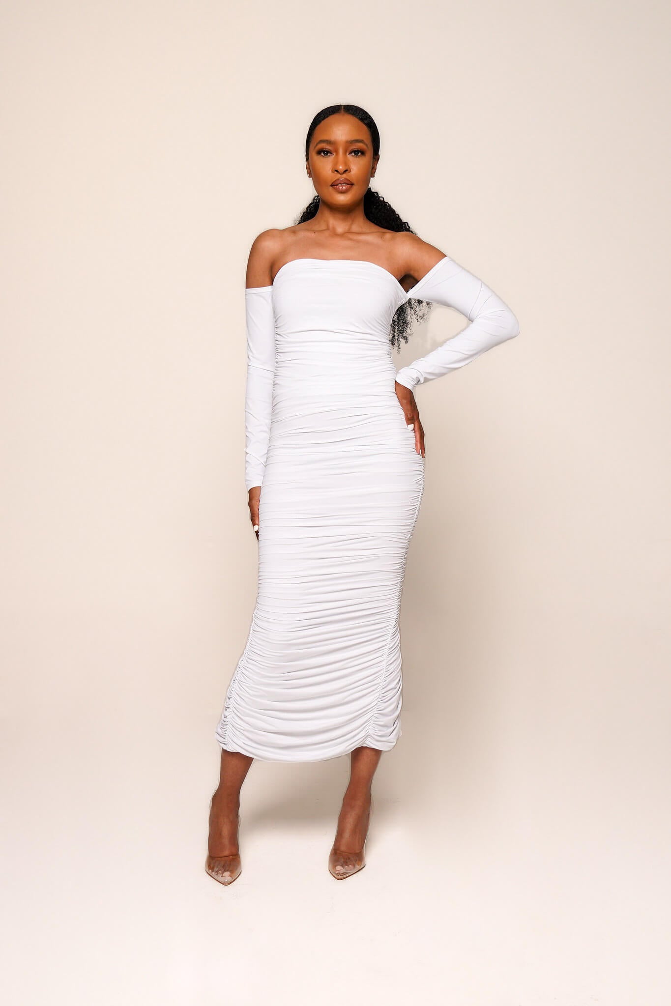 New White Cold Shoulder Ruched Dress – VÉV COLLECTIONS New White Cold Shoulder Ruched Dress – VÉV COLLECTIONS