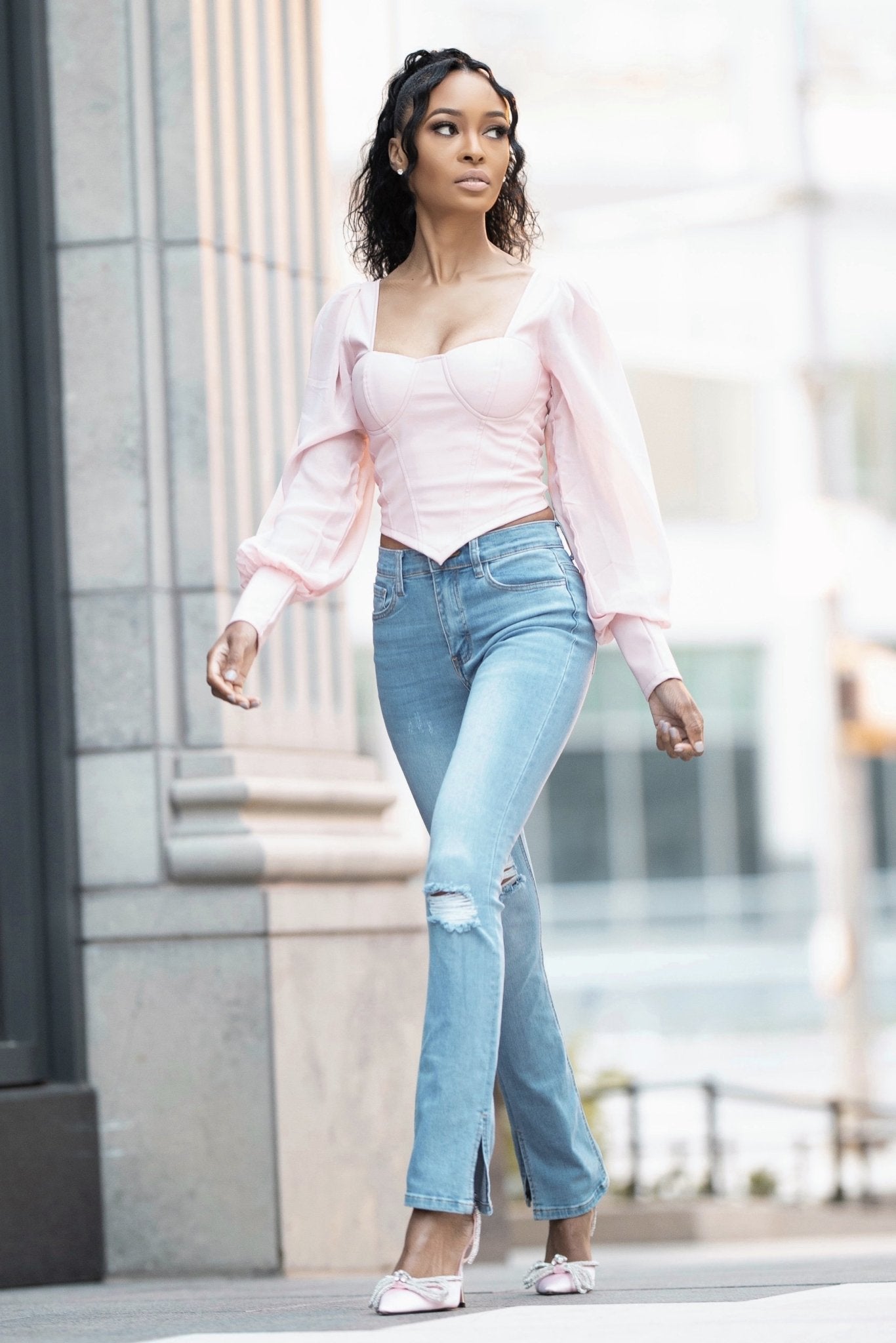 Plus Baby Pink Linen Boned Puff Sleeve Corset Top