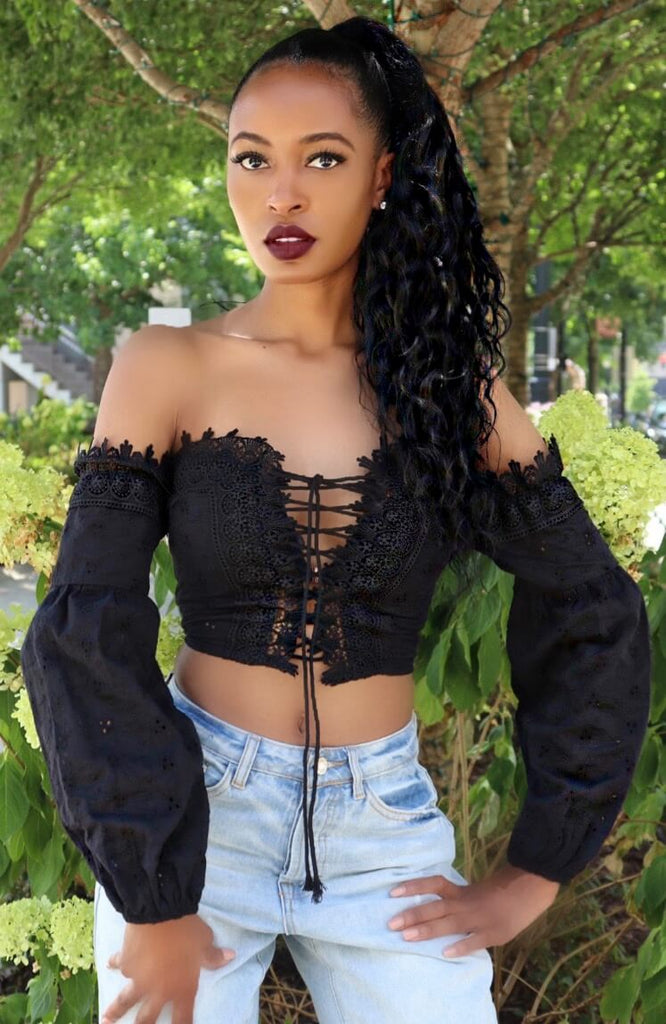 Black Off The Shoulder Lace Up Crop Top - VÉV COLLECTIONS