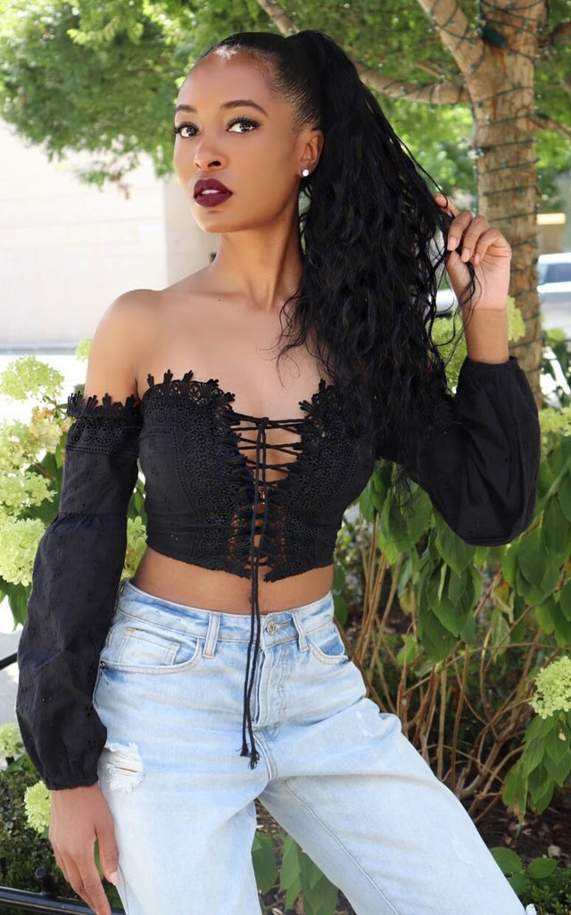 Black Off The Shoulder Lace Up Crop Top - VÉV COLLECTIONS