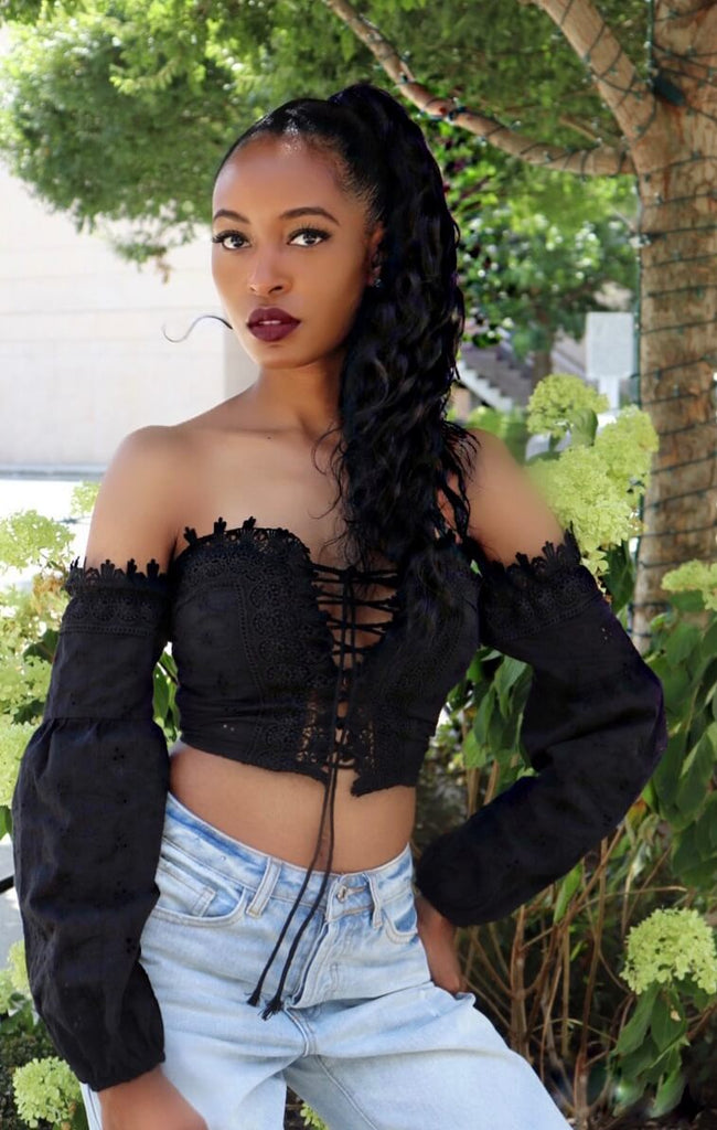 Black Off The Shoulder Lace Up Crop Top - VÉV COLLECTIONS