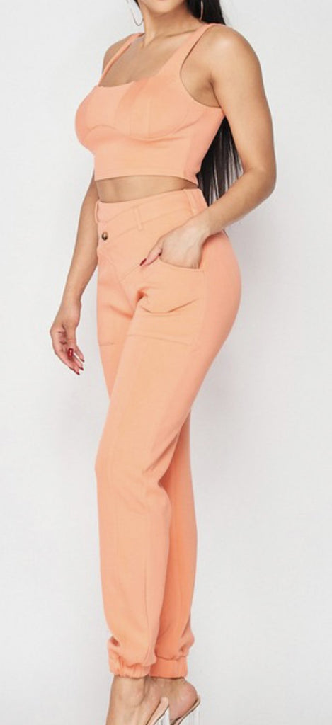Coral Two Piece Crop Top and Jogger Set - VÉV COLLECTIONS