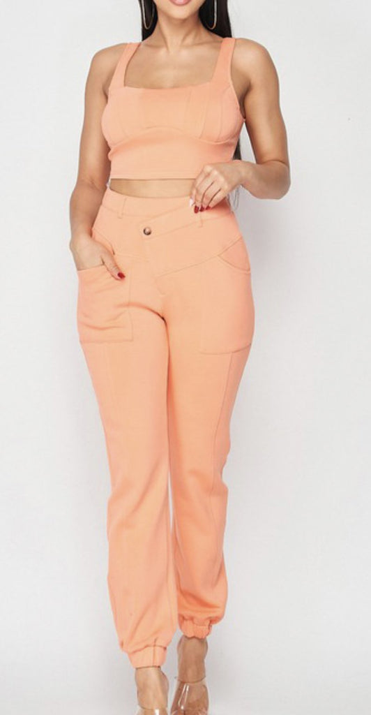 Coral Two Piece Crop Top and Jogger Set - VÉV COLLECTIONS