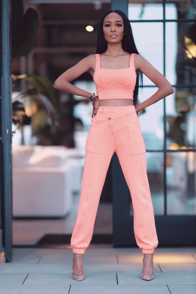 Coral Two Piece Crop Top and Jogger Set - VÉV COLLECTIONS