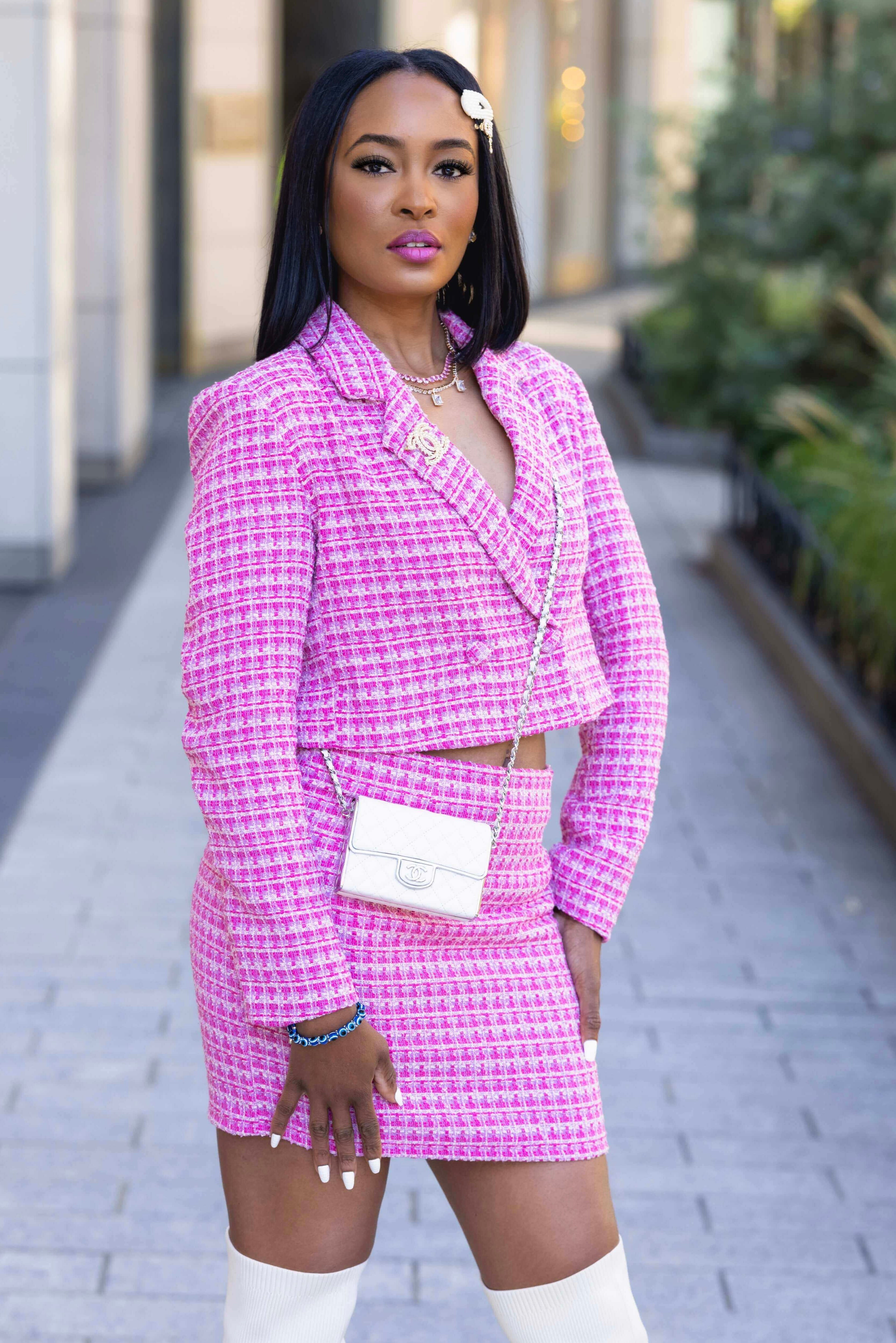 Women Pink Tweed Blazer Sets with Pockets – Fashion Pioneer