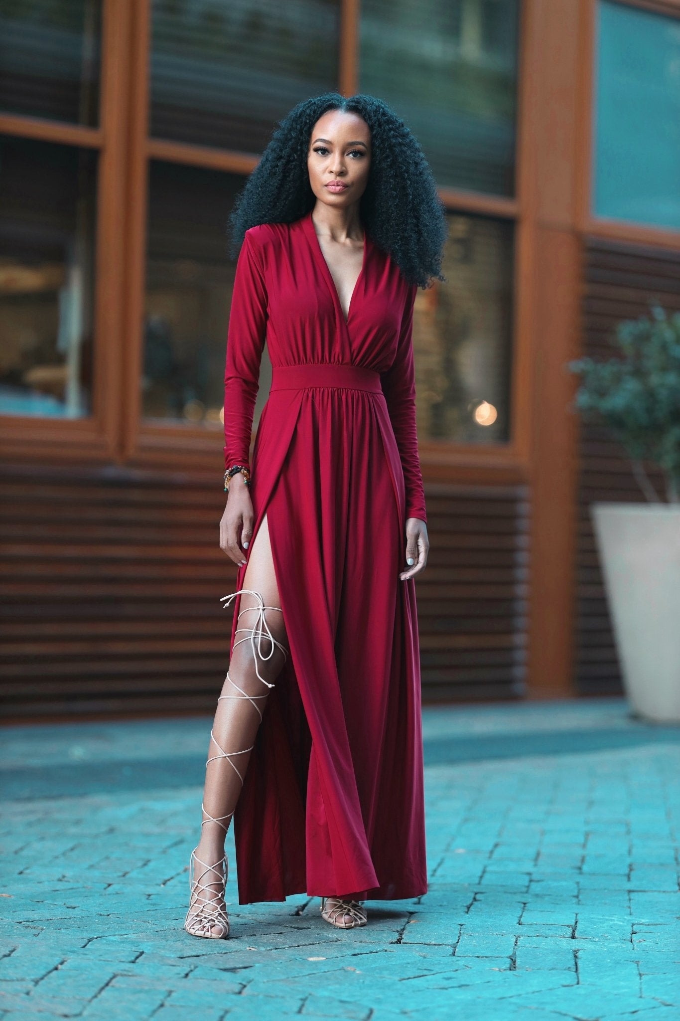 red dress with slits on the side Satin Double Slit Maxi Dress in Deep Red